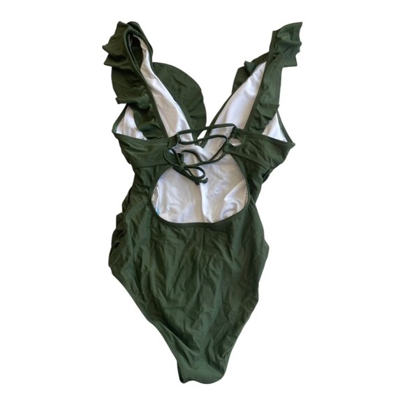 CupShe Wm's Ruffled One Piece V- Neck Lace Up Swimsuit Olive Sz Small - Picture 7 of 8